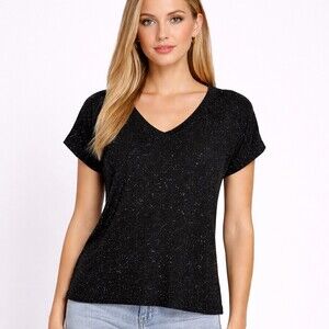 SWTR Women’s Black Speckled Merino Wool Cashmere V-Neck Sweater short sleeve S